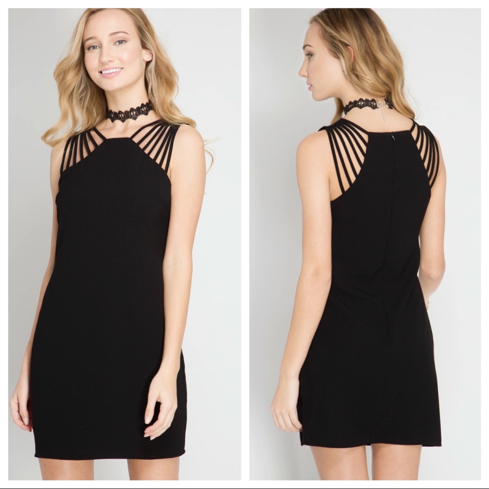 🆕🖤 SHE/SKY-fully lined dress/strappy shoulder detail/zip up back